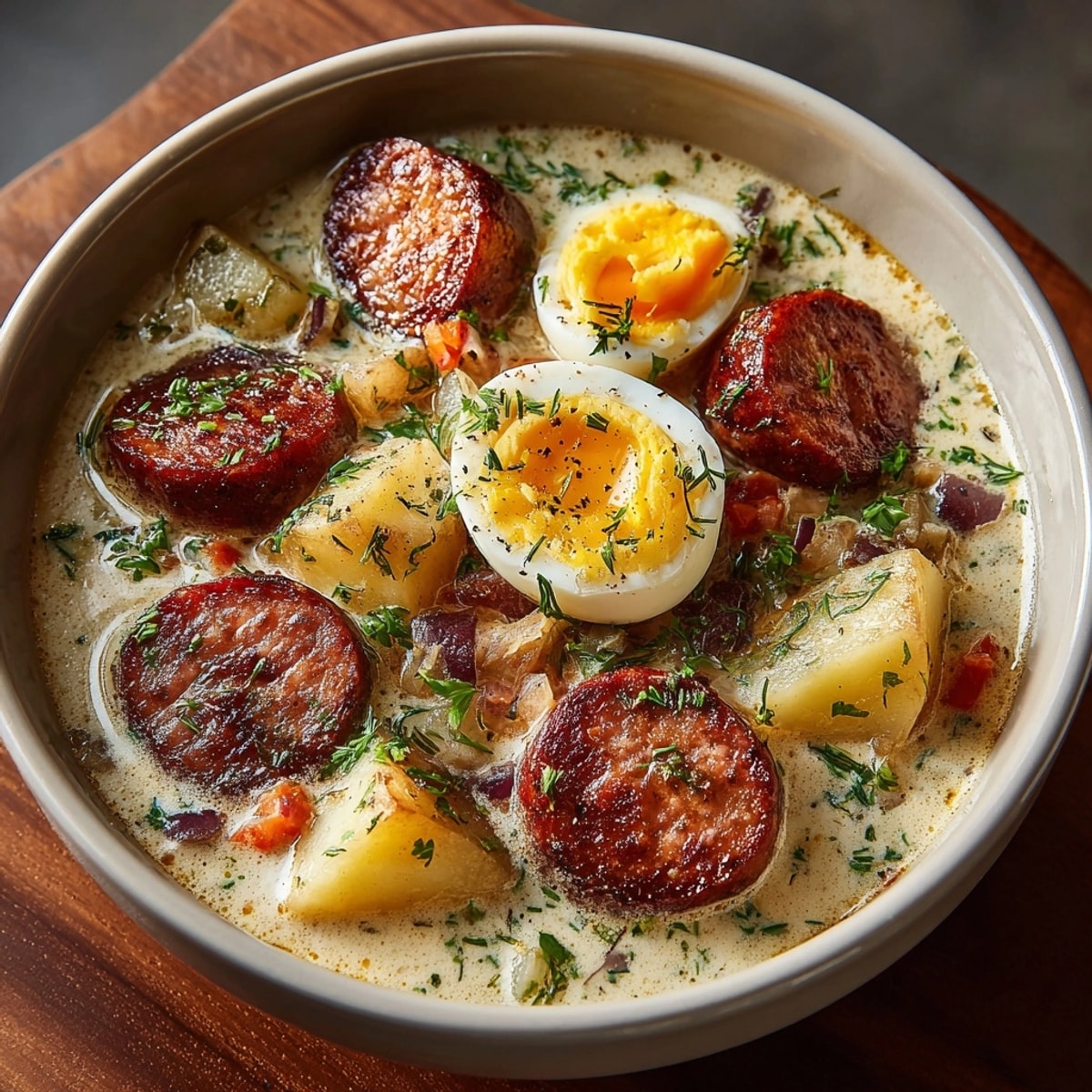 Żurek aigre : imaginez la saveur riche du seigle, de la saucisse et des herbes dans une soupe réconfortante.