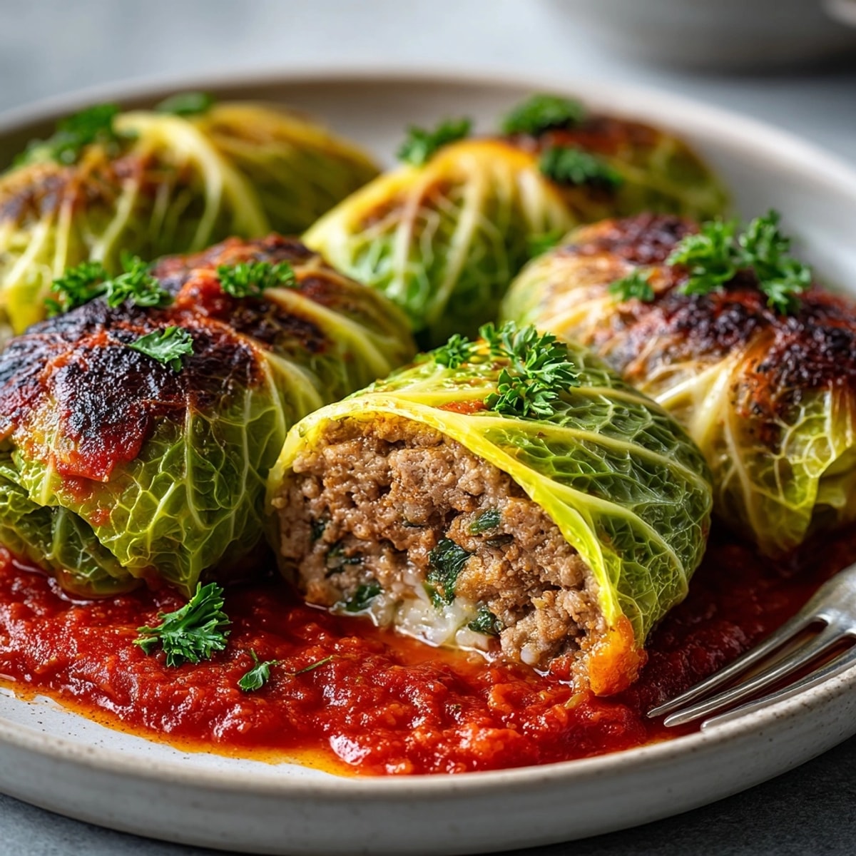 Pyszne gołąbki, zawijane z delikatnych liści kapusty, pieczone w aromatycznym, gęstym sosie pomidorowym.