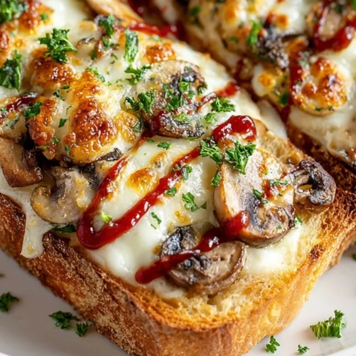 Świeżo upieczona zapiekanka: chrupiący chleb, pieczarki i ciągnący się ser - idealna przekąska.