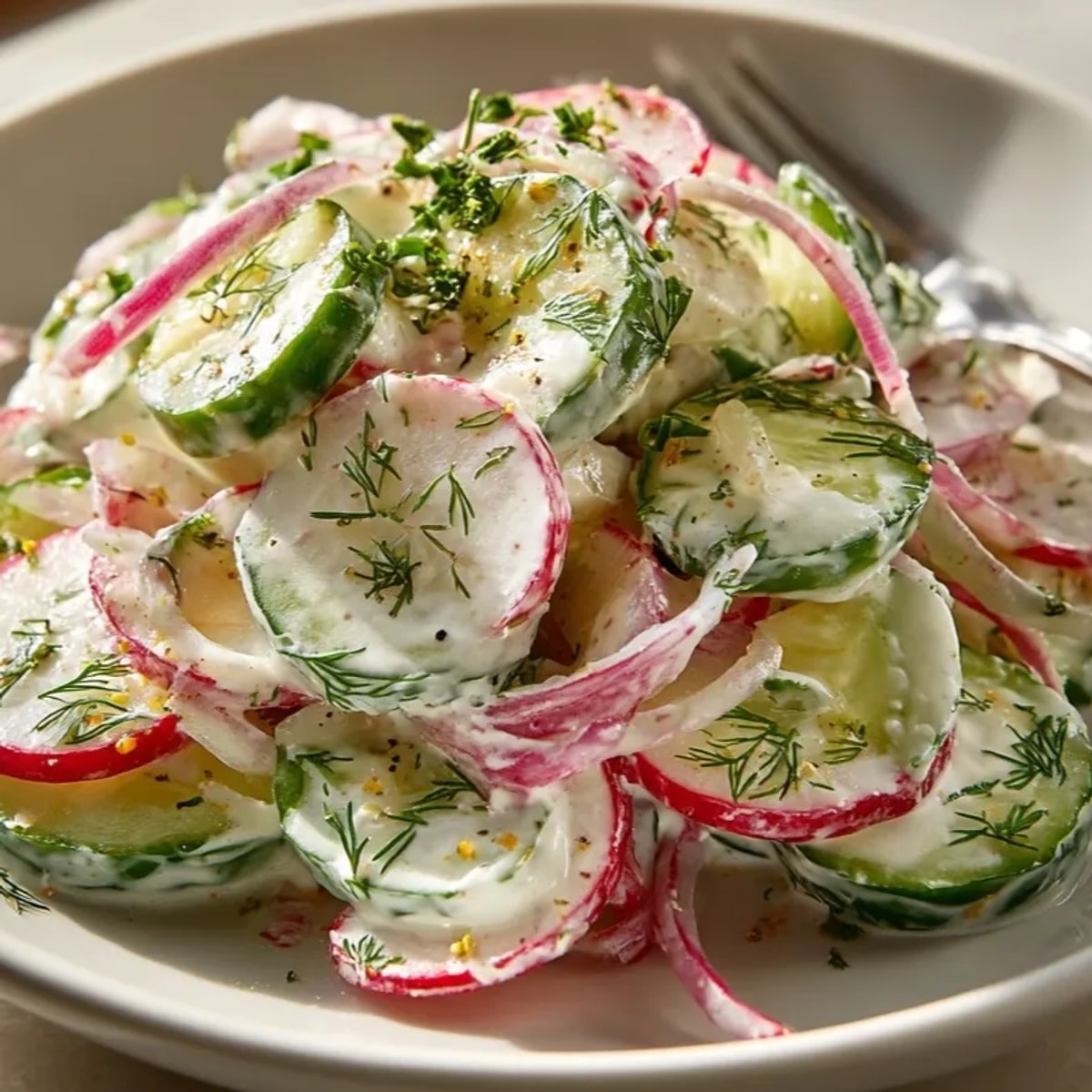 Świeża polska sałatka koperkowa: chrupiące ogórki, rzodkiewki i kremowy sos koperkowy.