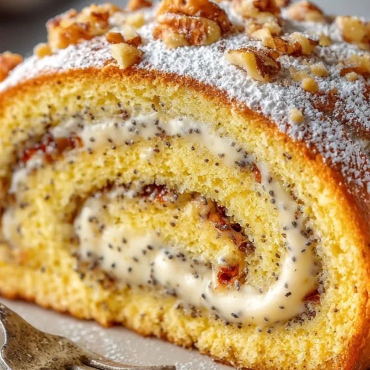 Golden brown Classic Poppy Seed Roll, dusted with sugar, a rich holiday dessert.