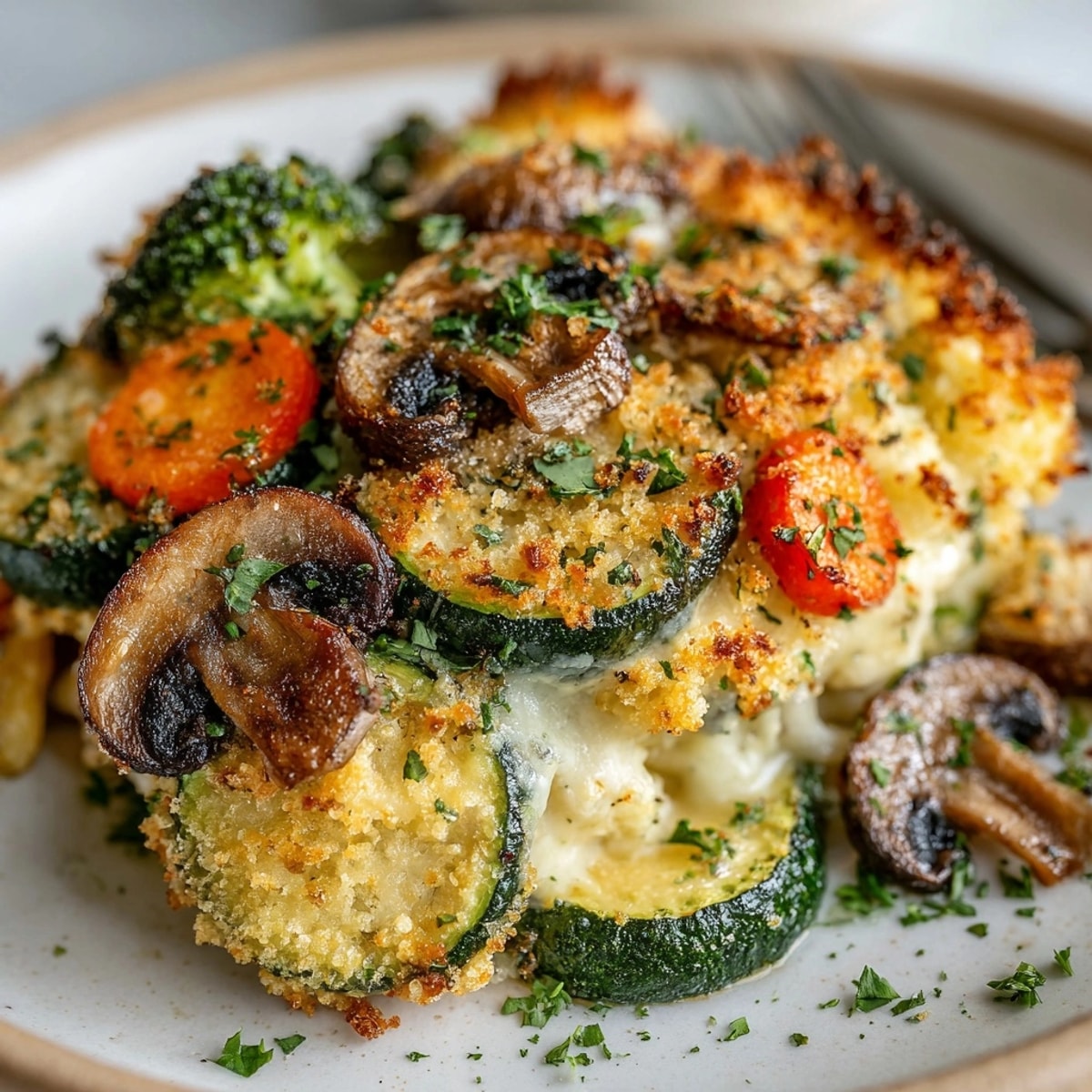 Idealna jesienna zapiekanka warzywno-grzybowa, posypana serem, z świeżymi, zielonymi ziołami.