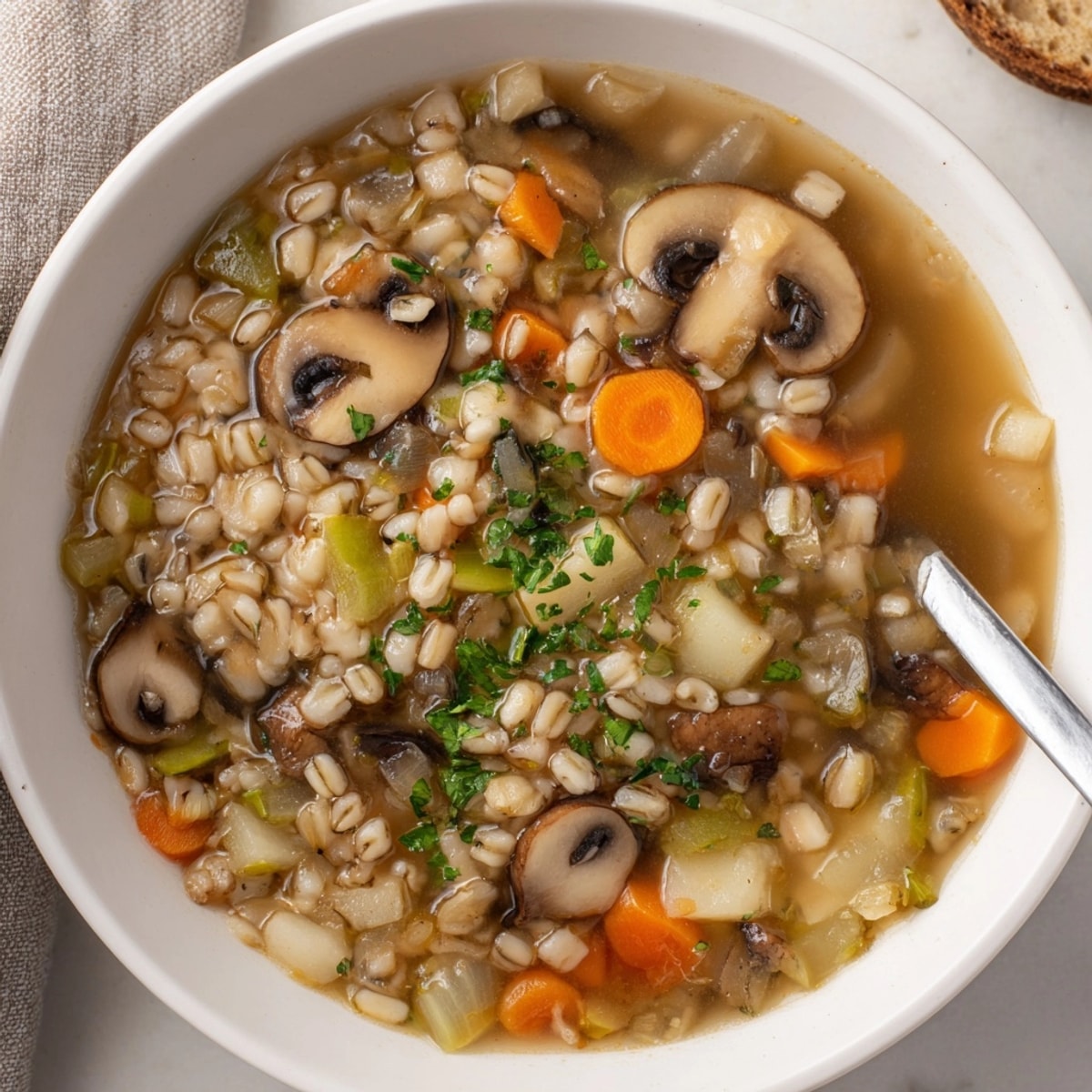 Polish Mushroom Barley Soup: Hearty broth brimming with tender barley, mushrooms, and vibrant vegetables.