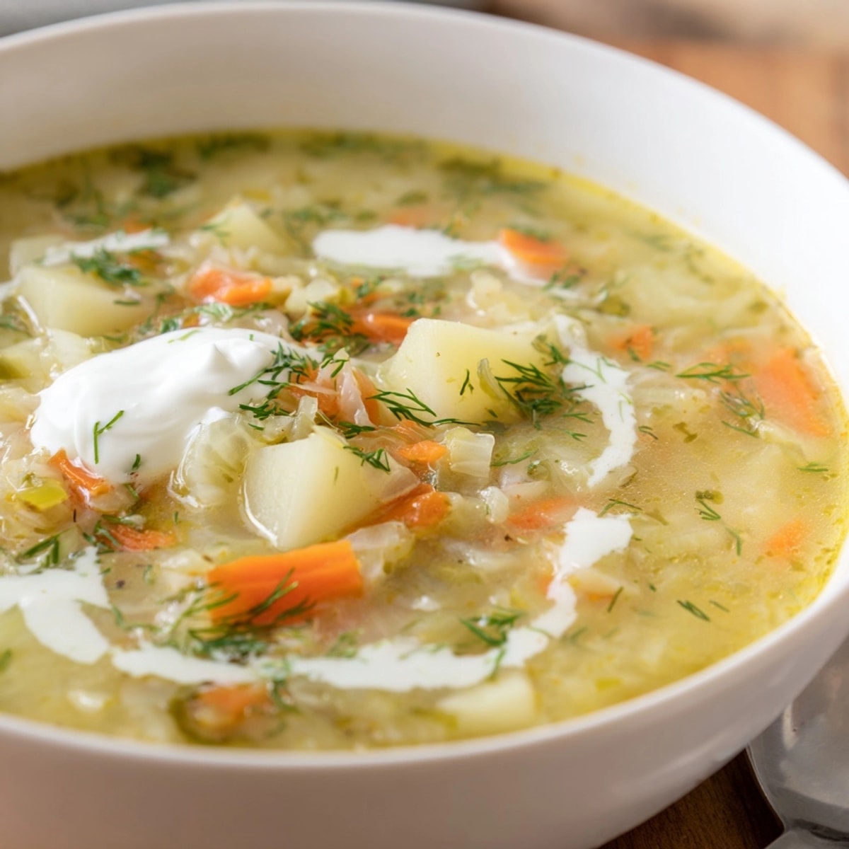 Kremowa zupa ogórkowa, parująca w miseczce, z posypaną świeżą natką pietruszki, idealna na pocieszający obiad.