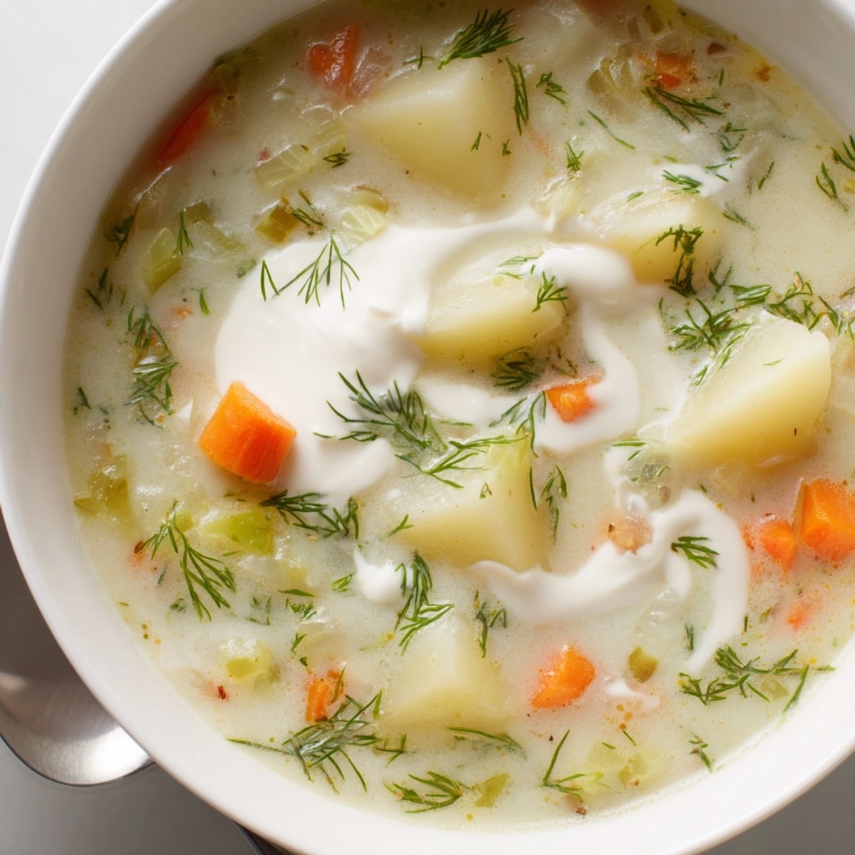 Aromatyczna zupa ogórkowa z koperkiem: ziemniaki, ogórki kiszone i śmietana tworzą kremowe, pikantne smaki.