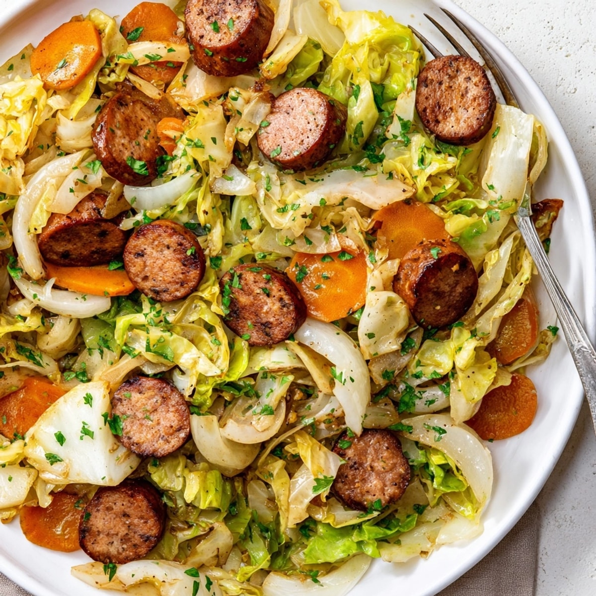 Sycący i parujący "Cozy Cabbage & Kielbasa Skillet" gotowy do serwowania na prosty obiad.