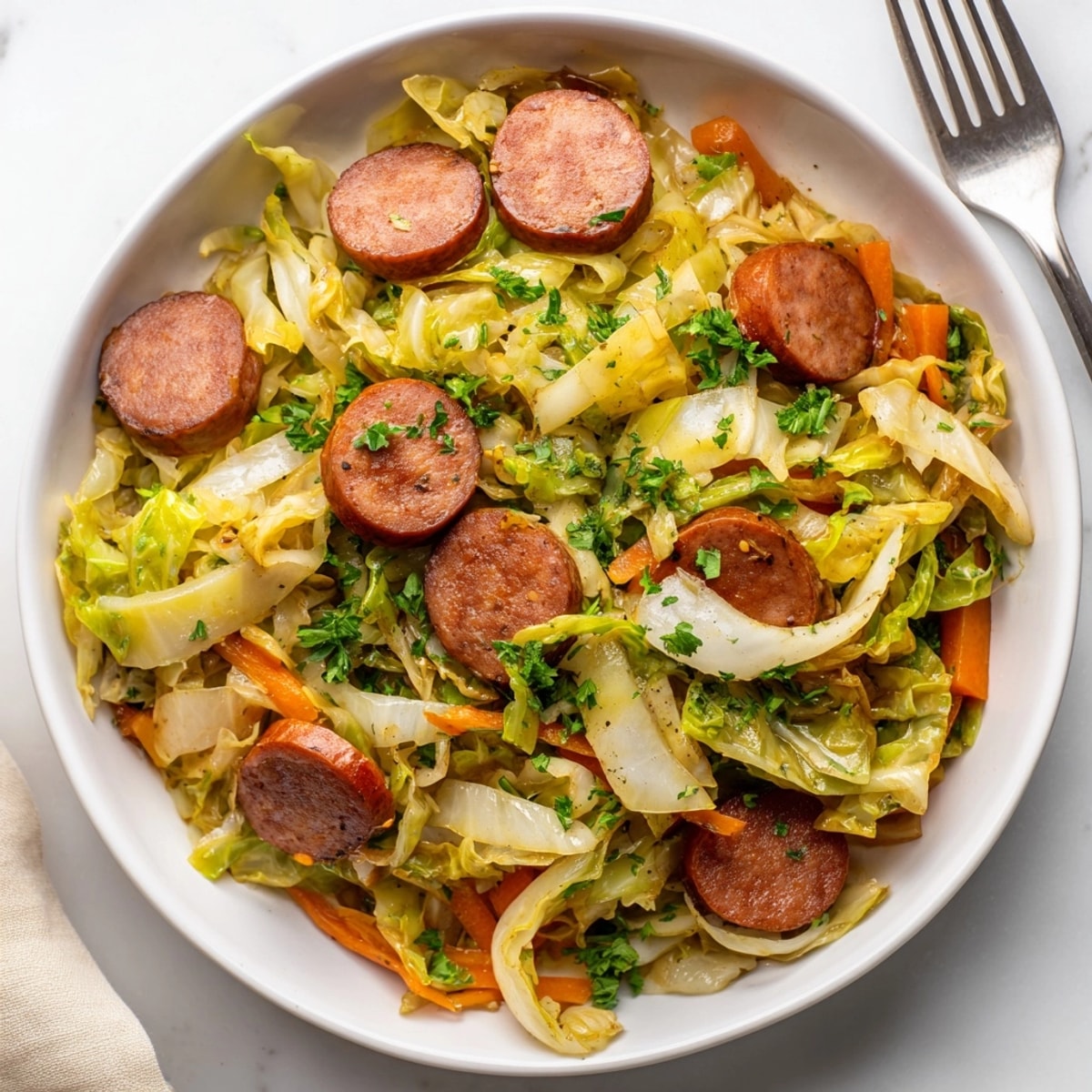 Przygotowywany w domu "Cozy Cabbage & Kielbasa Skillet" - idealne połączenie słodkiej kapusty i pikantnej kiełbasy.