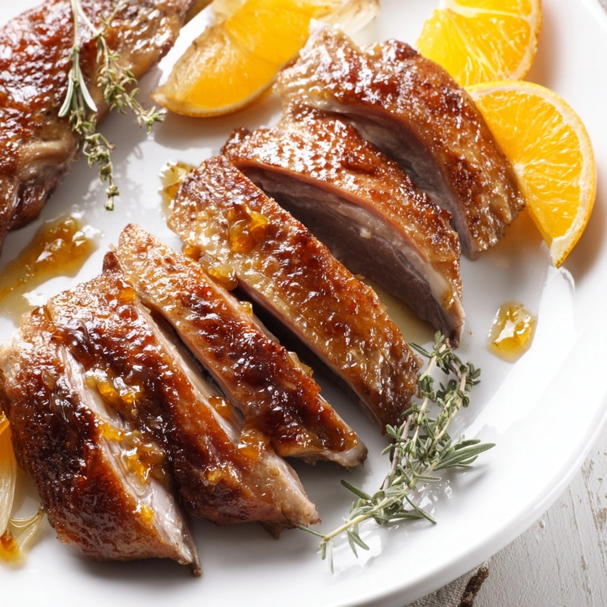 Soczysta kaczka pieczona w miodzie, z chrupiącą skórką i aromatycznymi przyprawami, idealna na specjalne okazje.