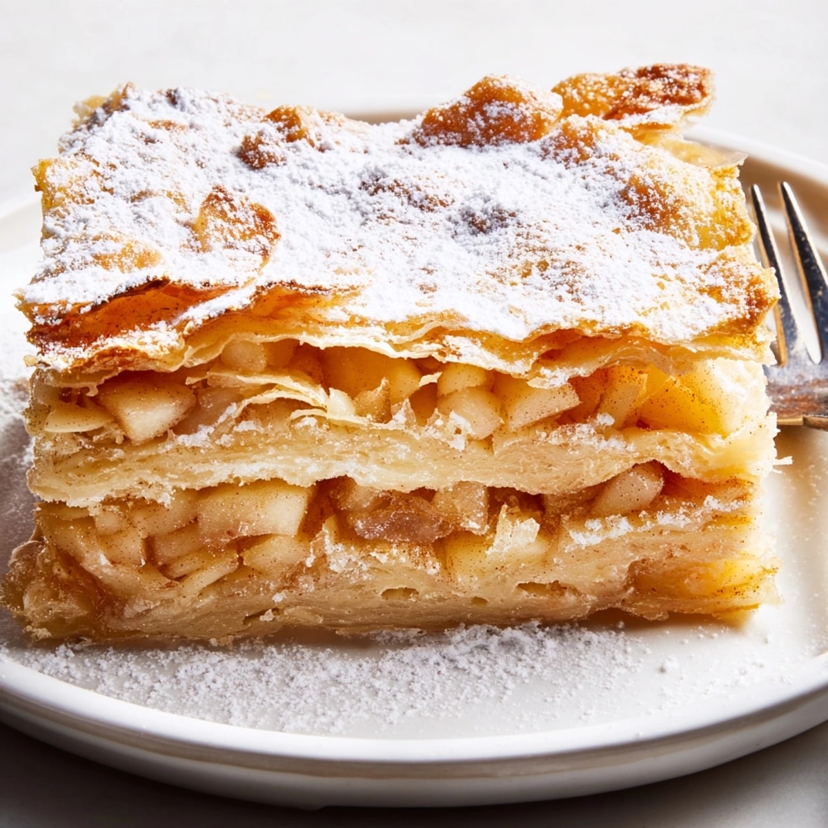 Golden Apple Cinnamon Chruściki, a Polish fried pastry, dusted with cinnamon sugar, ready to serve.