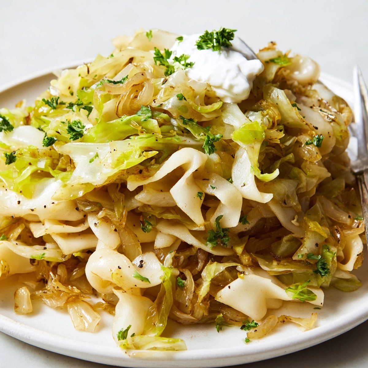 Zdjęcie apetycznego, prostego dania: Polska Haluski, makaron smażony z karmelizowaną kapustą.