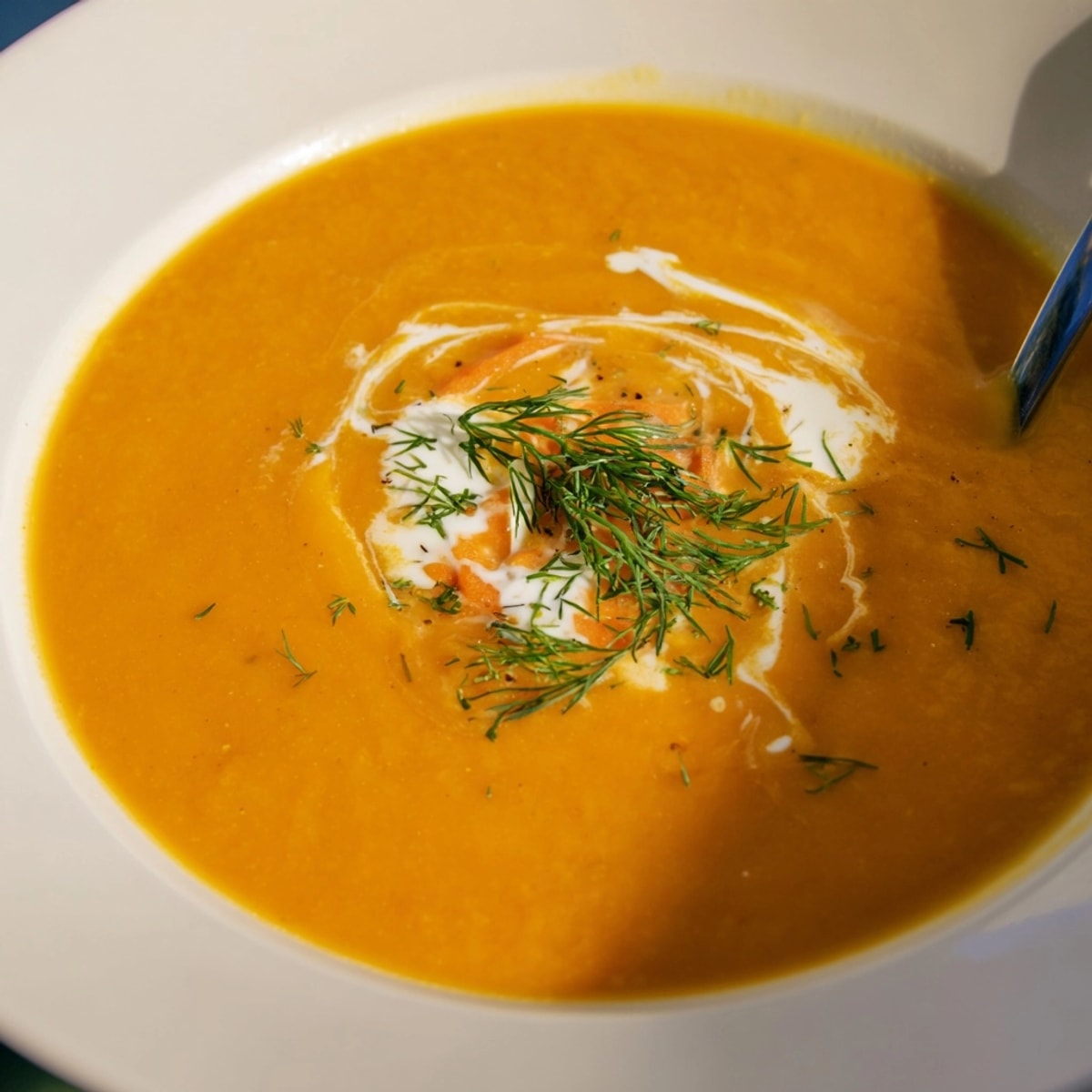 Creamy Polish Carrot Soup in a bowl, garnished with fresh dill and sour cream.
