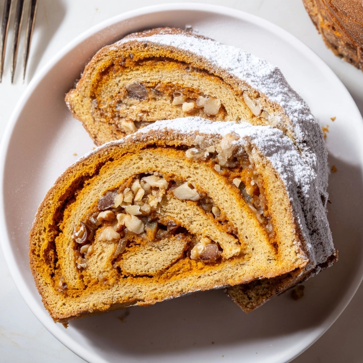 Kawałek wilgotnego Pumpkin Spice Makowca, widoczne warstwy maku, dyni, lukier i orzechy.