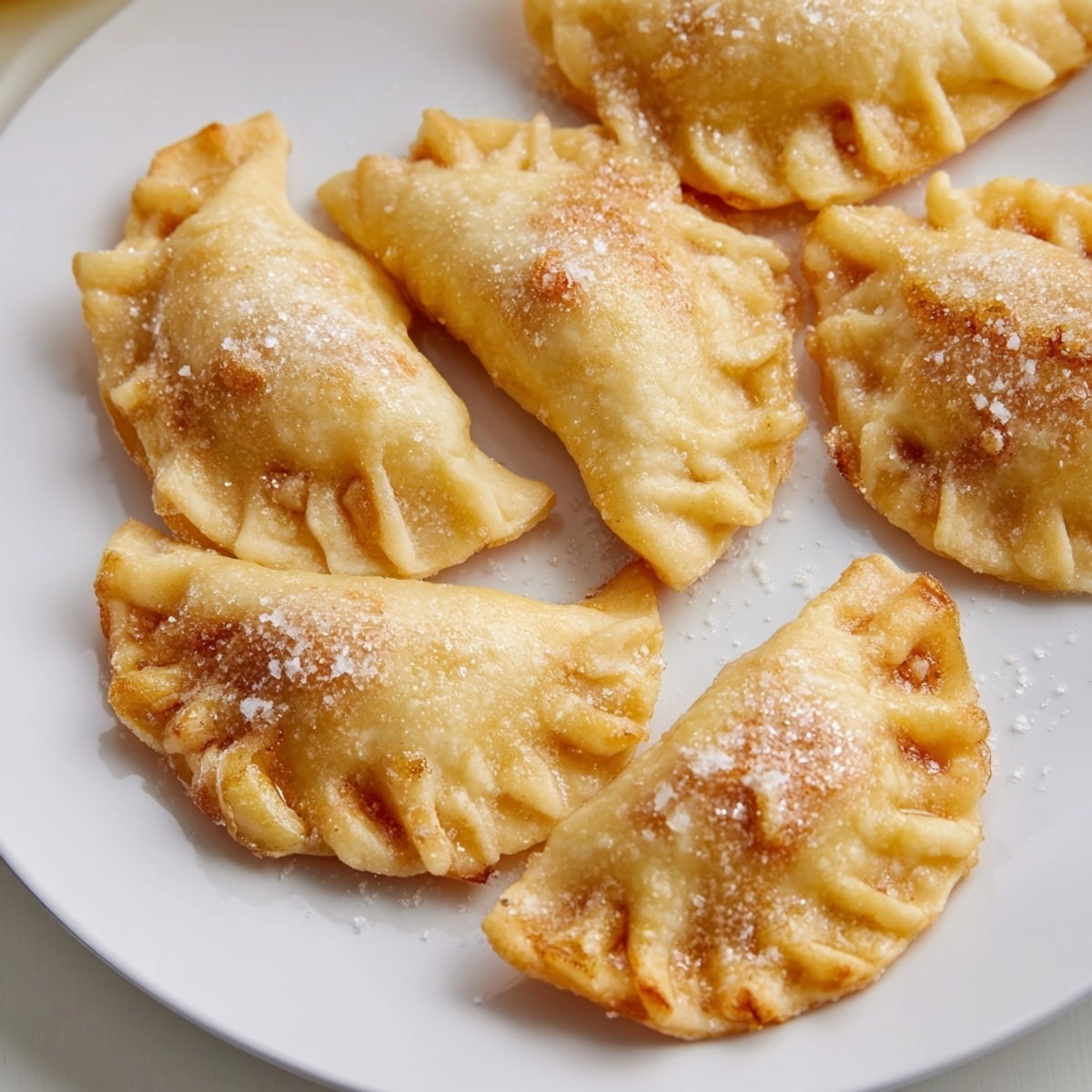 Delikatne, pieczone pierogi z jabłkami na kruchym cieście, oprószone cukrem, zapach cynamonu.