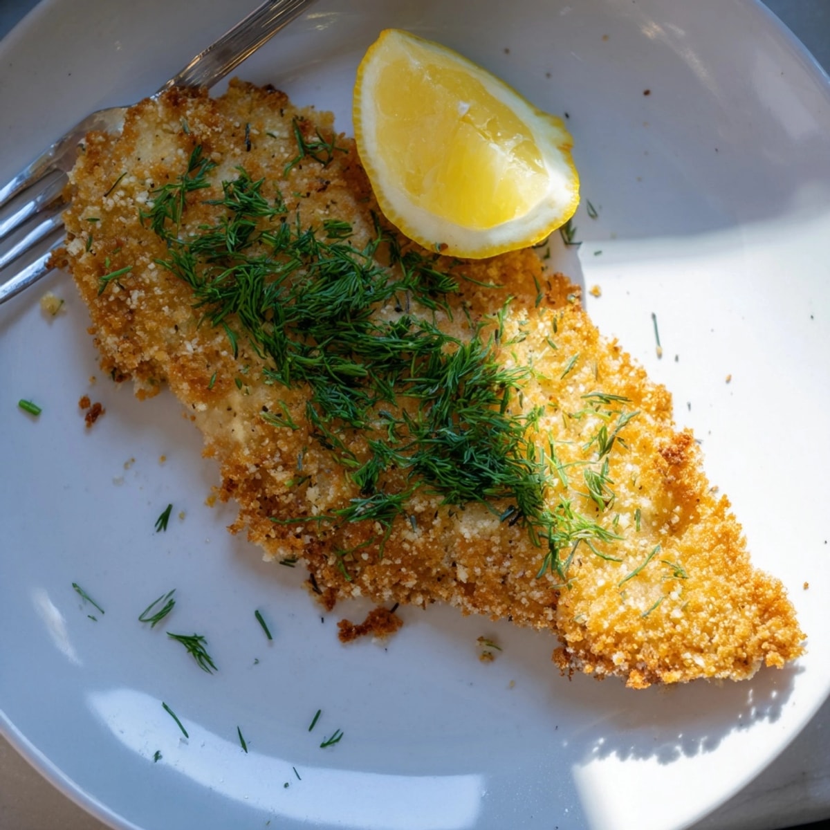 Złociste, chrupiące Crispy Fried Fish z koperkiem, idealne na lekki posiłek, podawane z cytryną.