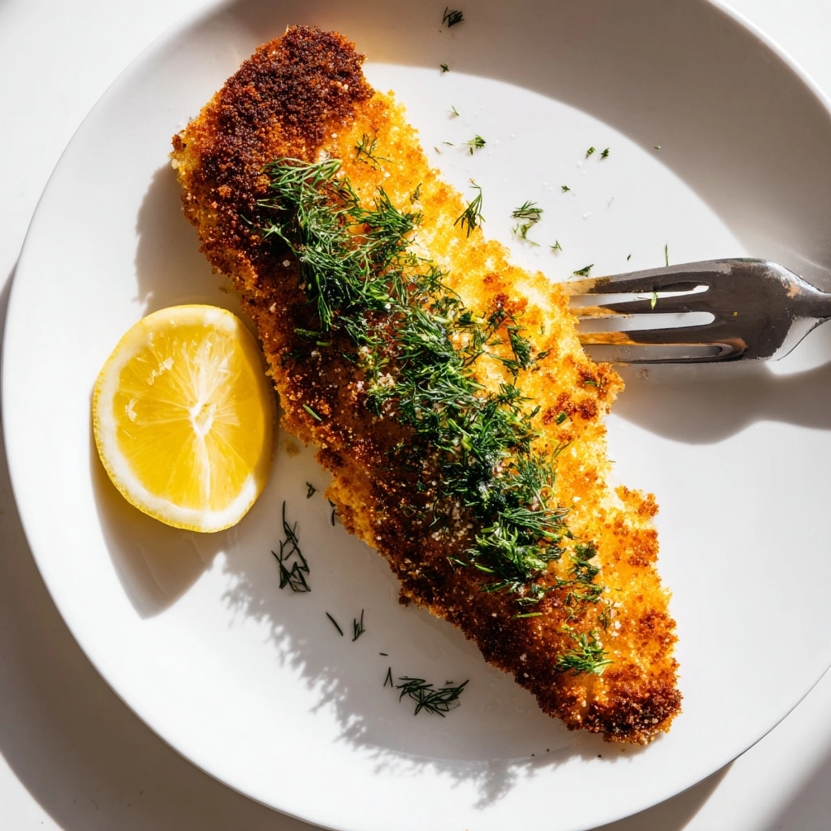 Soczyste kawałki Crispy Fried Fish z wyczuwalnym smakiem koperku, gotowe, by zanurzyć je w soku z cytryny.