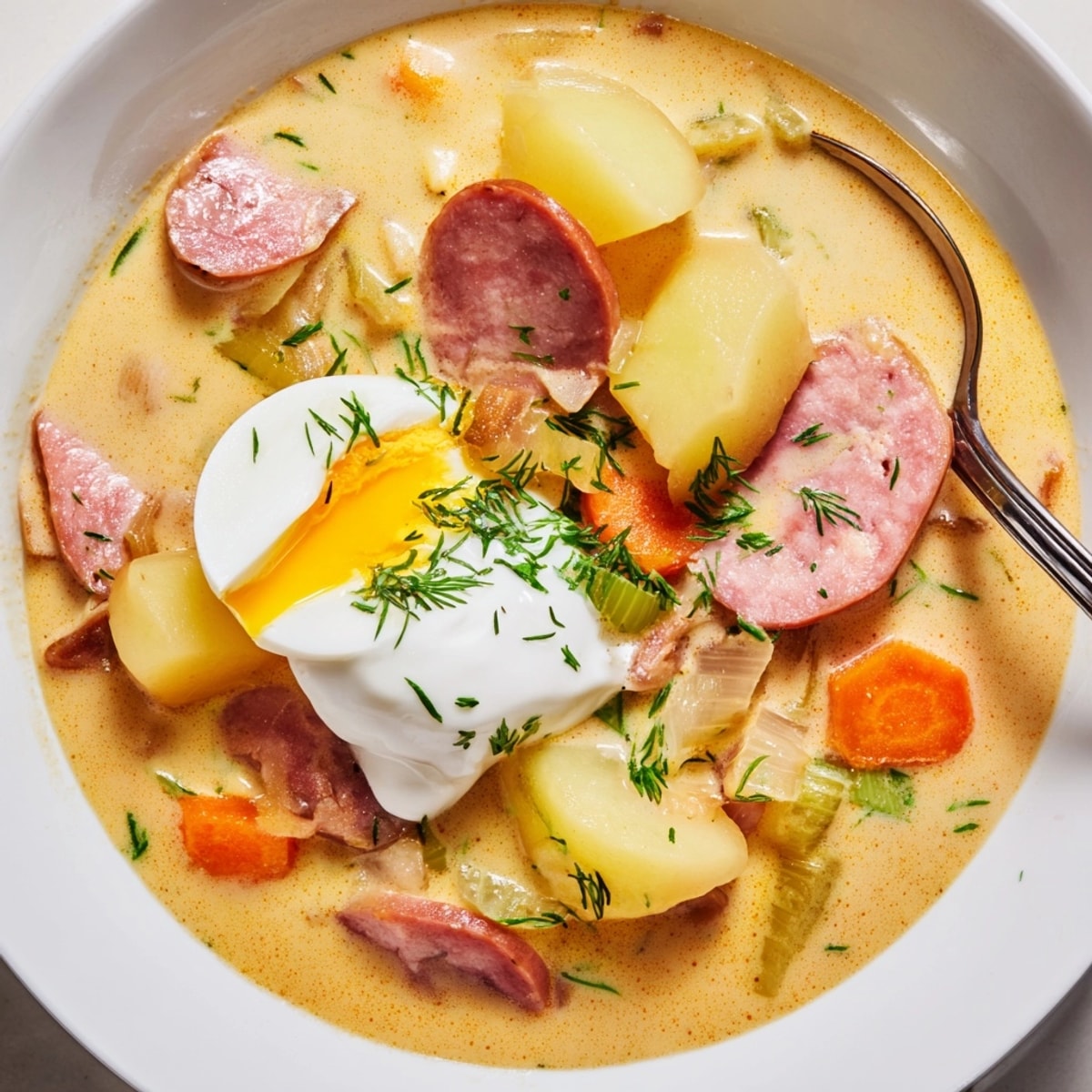 Żurek with smoked sausage: The creamy, comforting Polish soup with sausage and horseradish.