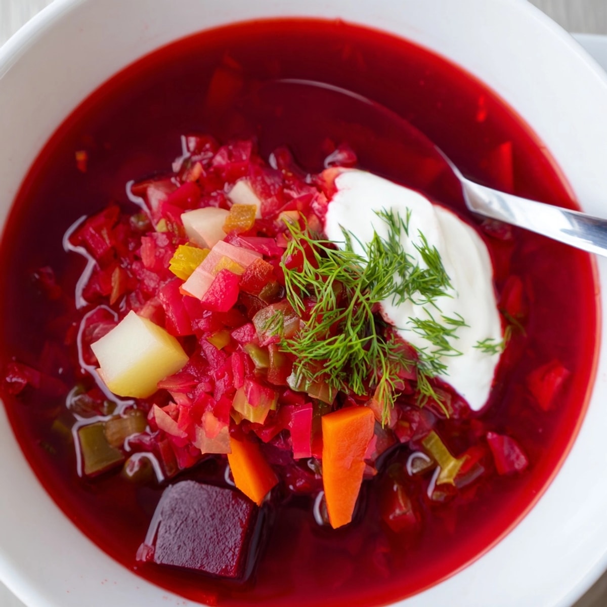 Bowl of steaming Autumn Vegetable Barszcz: a rich beet soup with fresh dill.