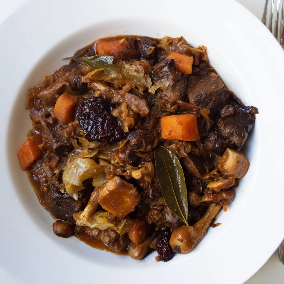 Zdjęcie aromatycznego, gotującego się Wild Mushroom Bigos, polskiego gulaszu z grzybami leśnymi i kapustą.