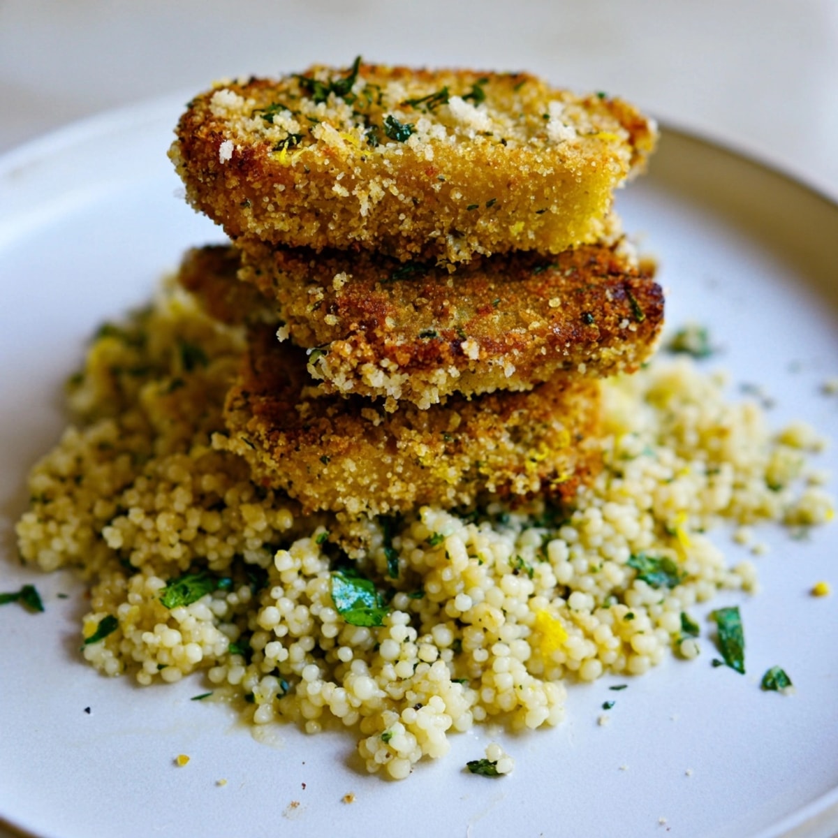Kruchy, złocisty sznycel z selera serwowany z puszystym kuskusem ziołowym, tworząc apetyczne danie wegetariańskie.