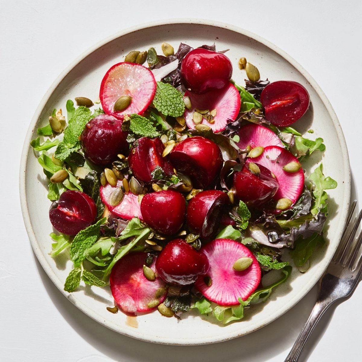 Zbliżenie na sałatkę z czereśni i piklowanej rzodkiewki z wyraźną teksturą i żywymi kolorami.