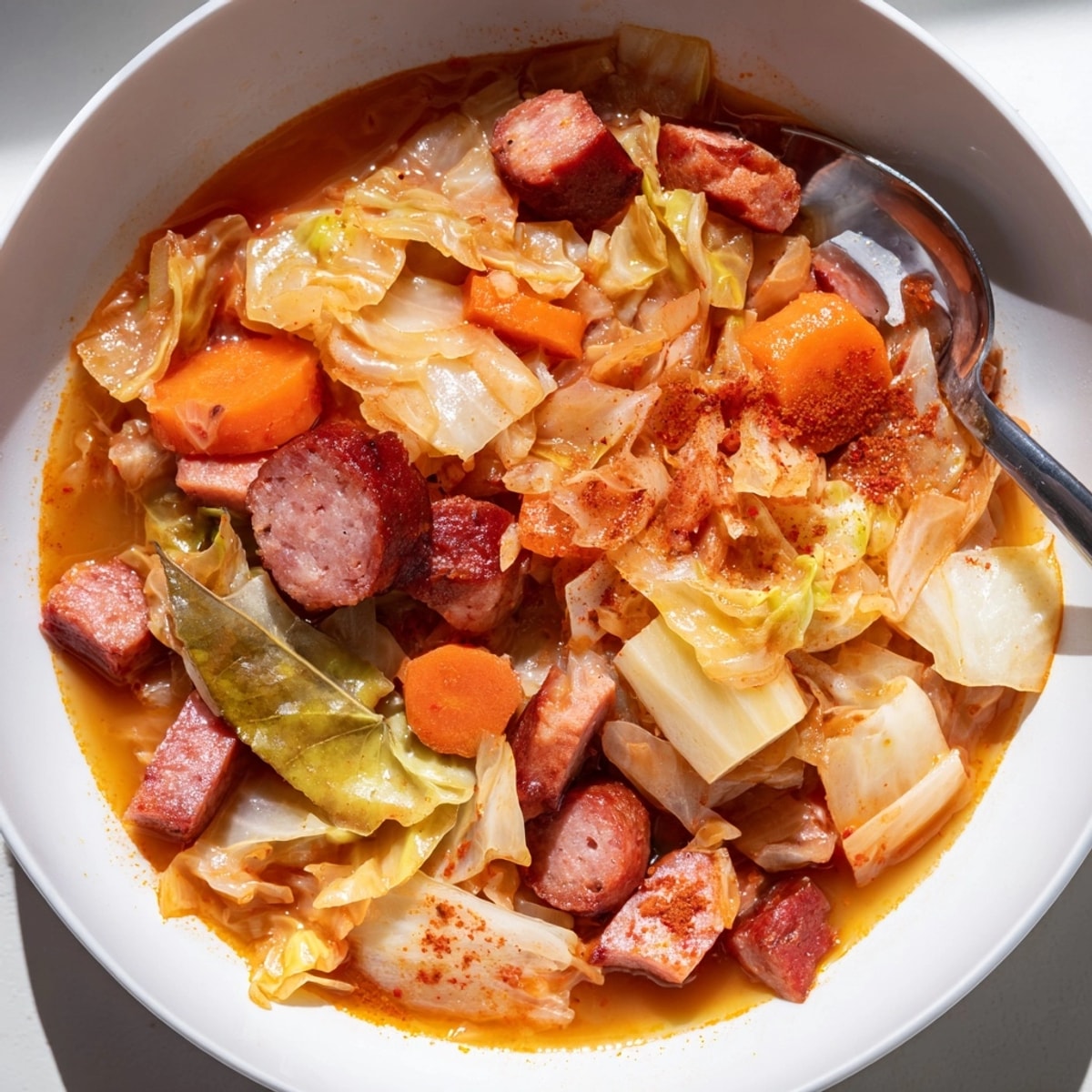 A steaming bowl of Fusion Kimchi Bigos, a rich stew with vibrant kimchi and sausage.