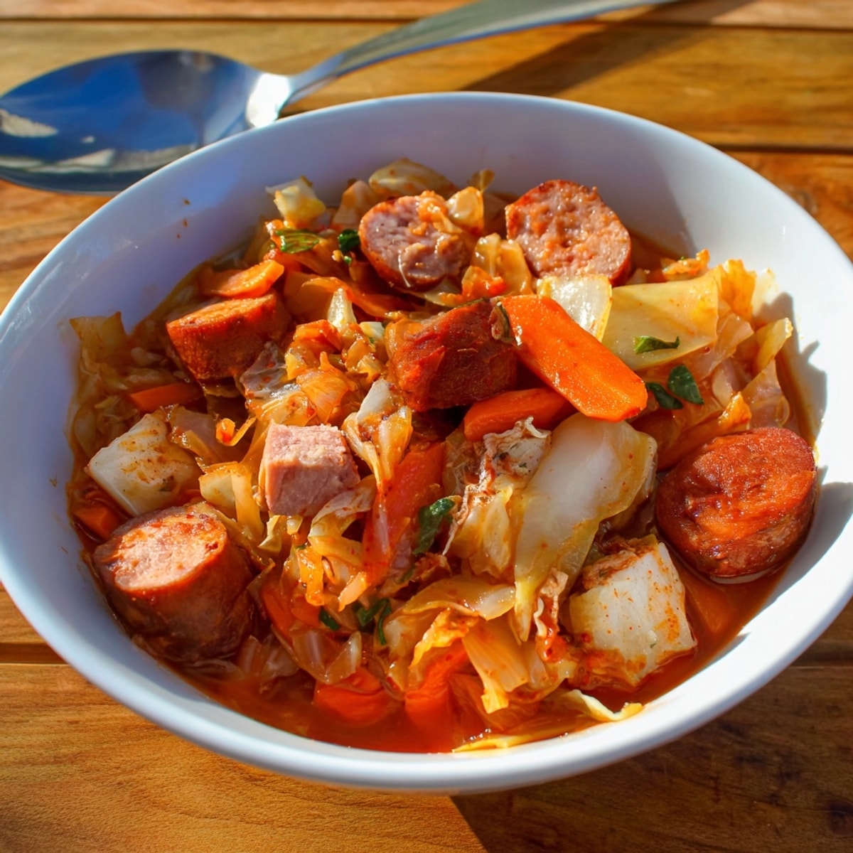 Hearty Fusion Kimchi Bigos recipe bubbling, ready to serve with crusty rye bread; a Polish-Korean comfort dish.