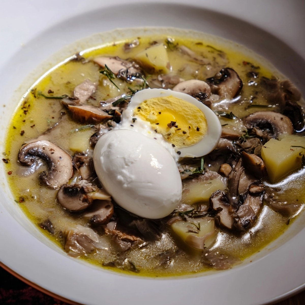 Żurek tradycyjny z grzybami: kremowa, kwaśna zupa polska, idealna na rozgrzewkę w chłodny dzień.