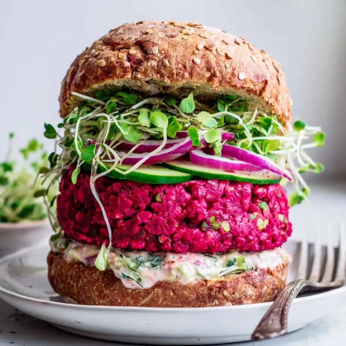 A colorful Beet Burger with Horseradish Cream is piled high with microgreens and cucumber.