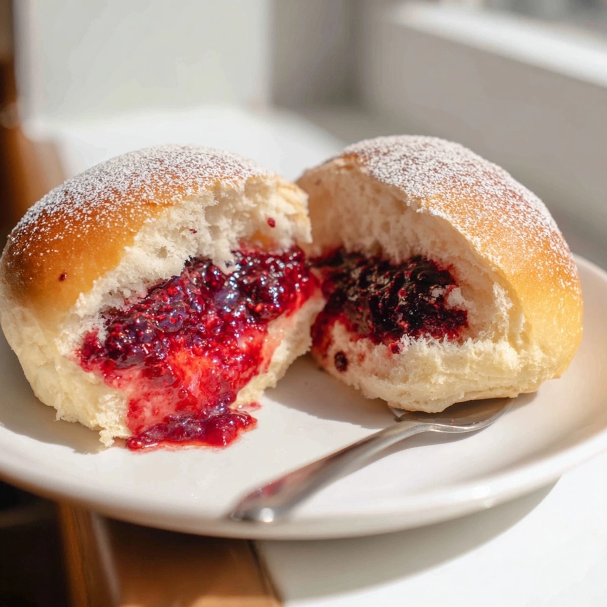 Domowe, złociste polskie bułeczki z dżemem chia i jagodami gotowe do podania z popołudniową kawą.