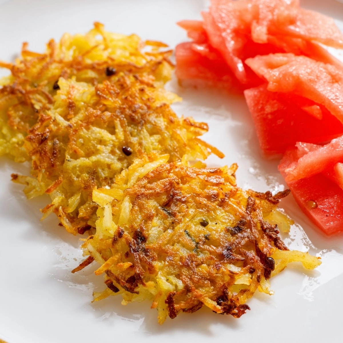 Chrupiące placki ziemniaczane z pikantnym, orzeźwiającym, piklowanym arbuzem – idealne połączenie smaków na przystawkę.