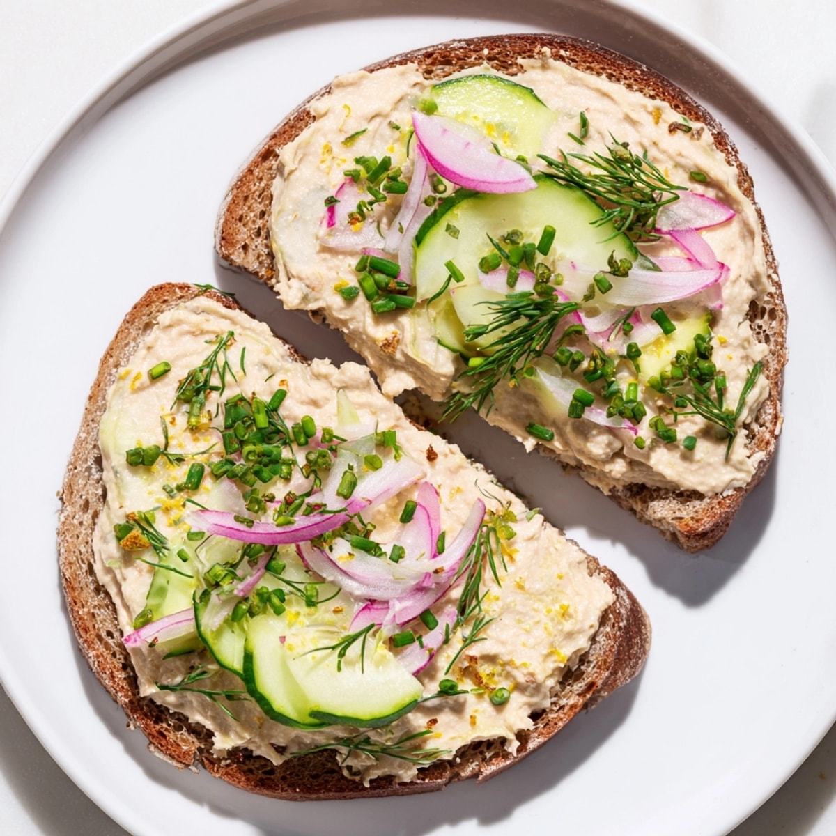 Żytnie tosty z kremowym, wegańskim, wędzonym dipem - idealne jako szybka przekąska.