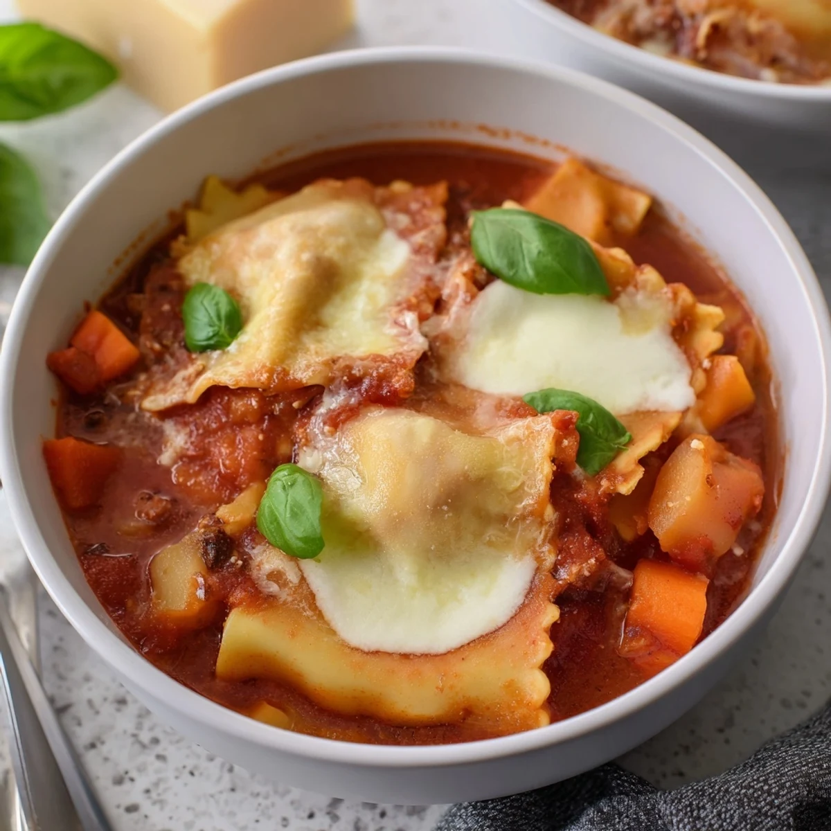 Satisfying Smoked Cheese Lasagne Soup Bowls, featuring layers of cheese and vibrant vegetables.