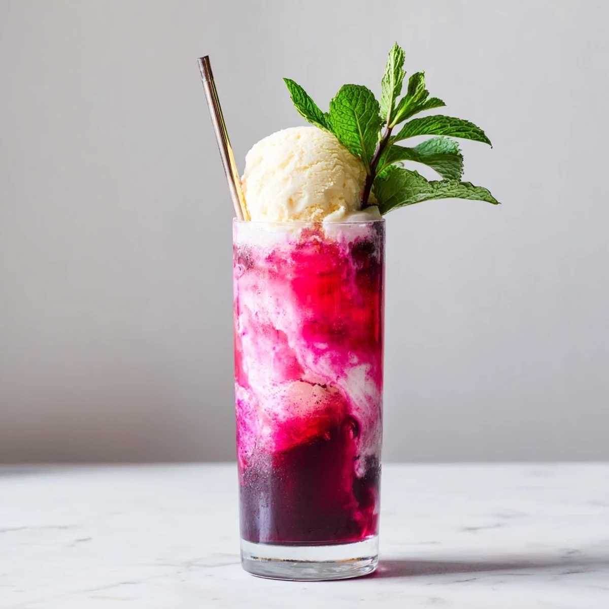 Vibrant Beetroot Rebel Soda Float topped with creamy vanilla ice cream and fresh mint.  