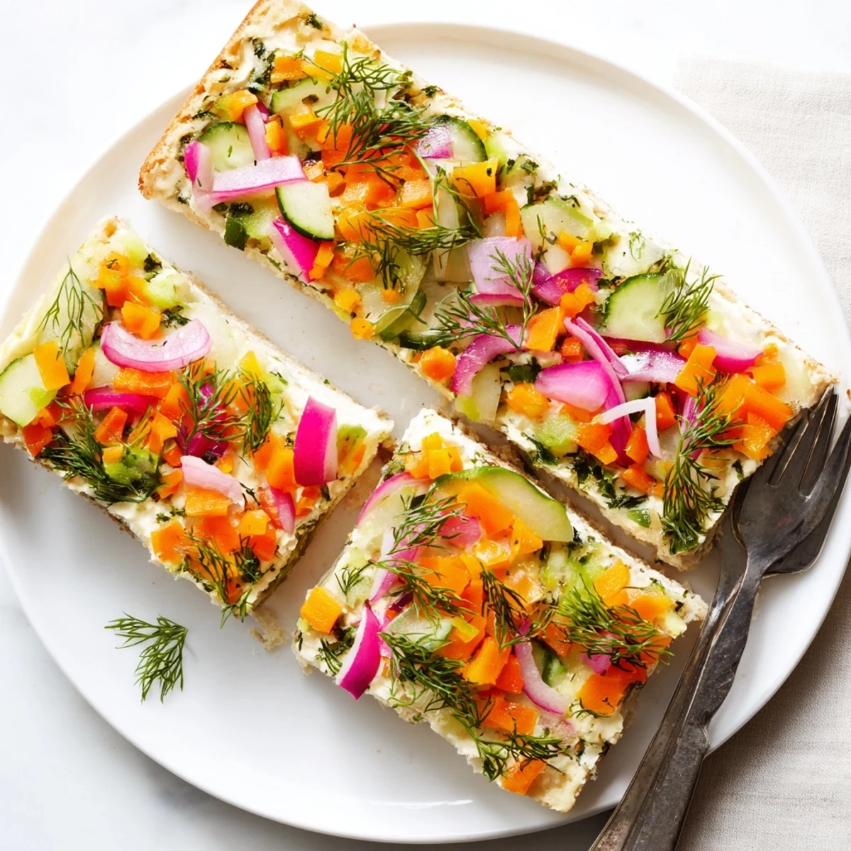 Creamy pickled vegetable sernik bars topped with colorful diced pickles and herbs.  
