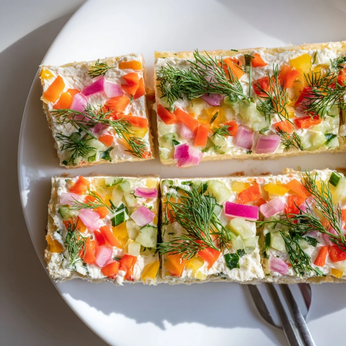 Savory pickled vegetable sernik bars served chilled, featuring a luscious cheesecake layer.  