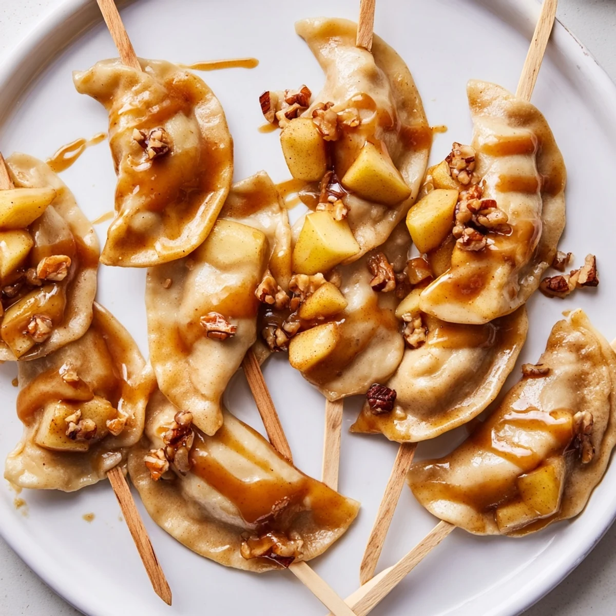 Delightful caramel apple pierogi skewers drizzled with warm, rich caramel sauce.  