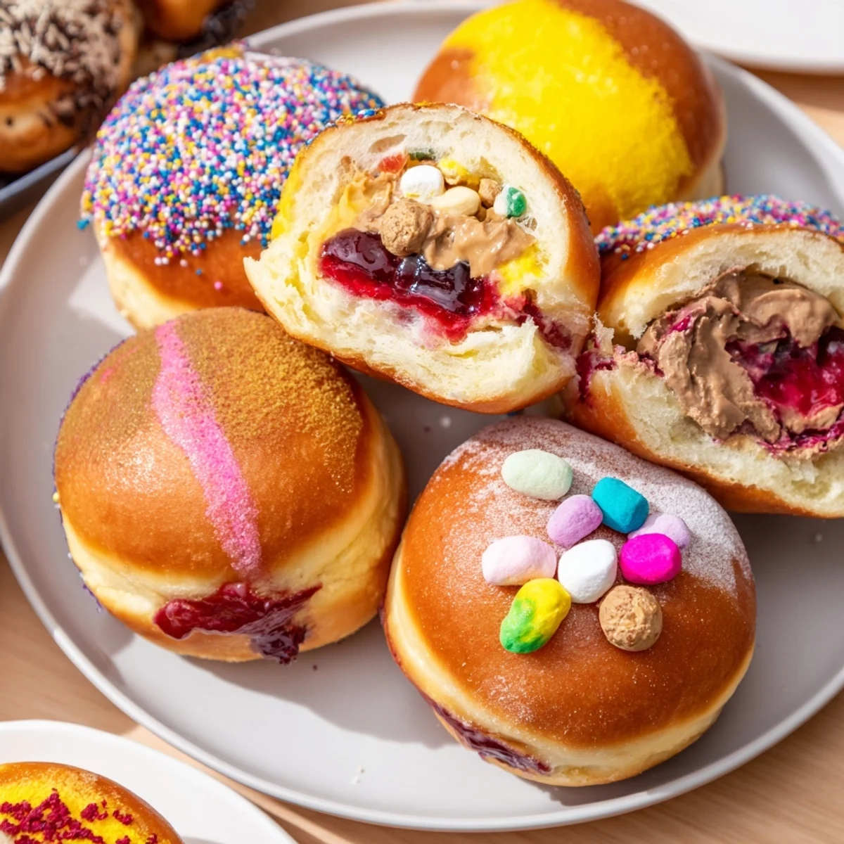 Golden brown pączki with delightful creamy fillings, topped with vibrant, festive icings.  