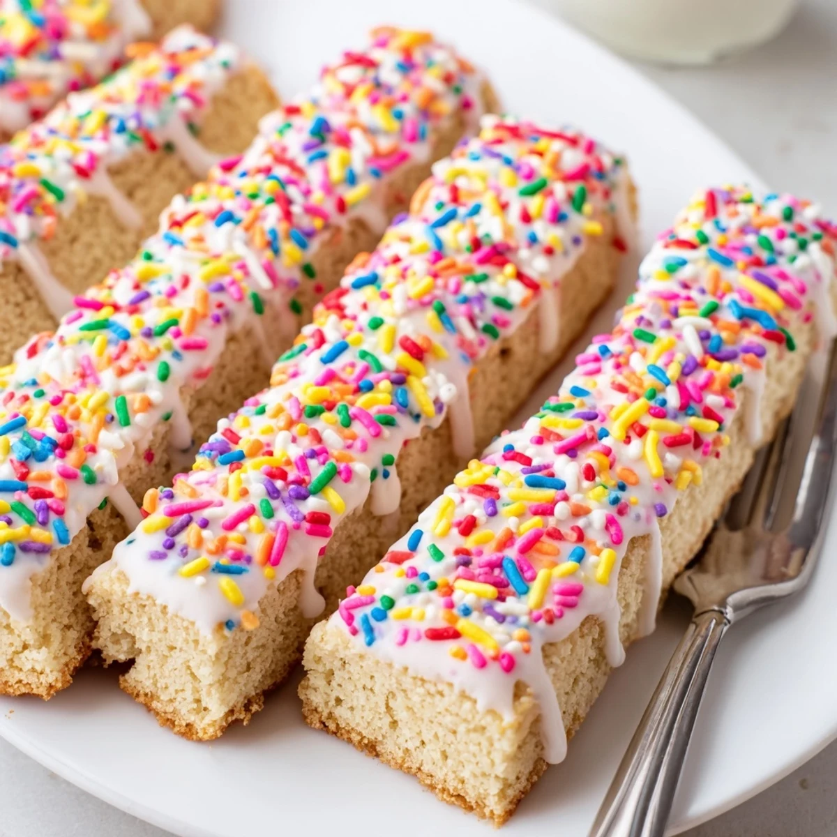 Deliciously buttery Funfetti Mazurek cookie sticks topped with vibrant, cheerful sprinkles.
