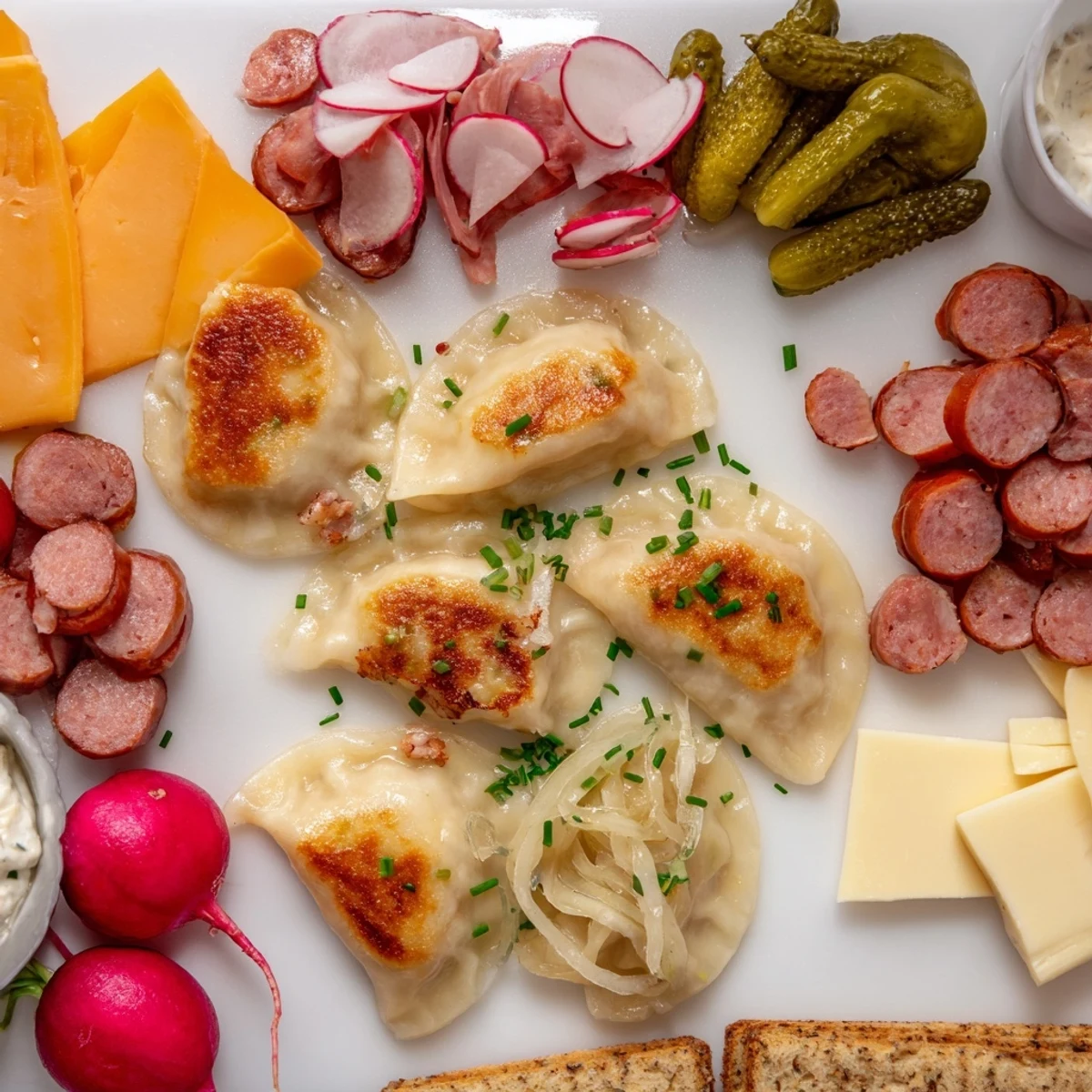 A colorful pierogi charcuterie board with savory meats and tangy pickles.  
