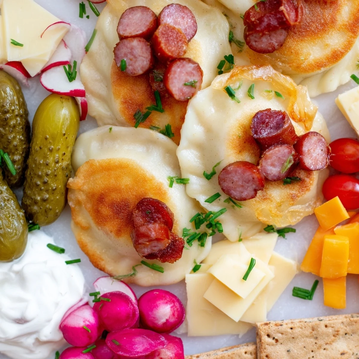 Delectable pierogi charcuterie board featuring fresh dill, meats, and creamy dips.