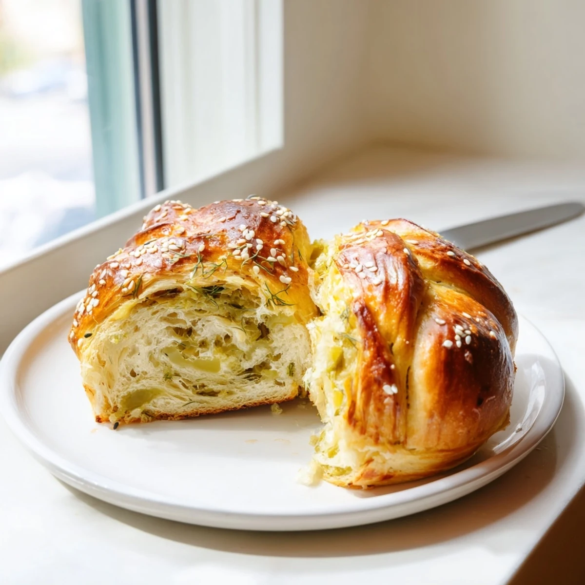 Fluffy dill pickle sweet buns, golden-brown and ready to delight your taste buds.  