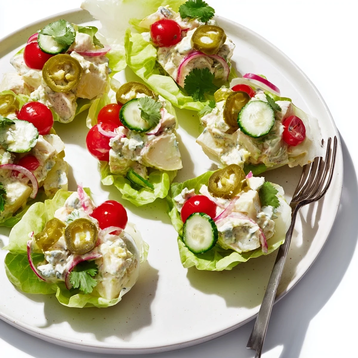 Handheld potato salad cups with crunchy lettuce and zesty dill pickle topping.