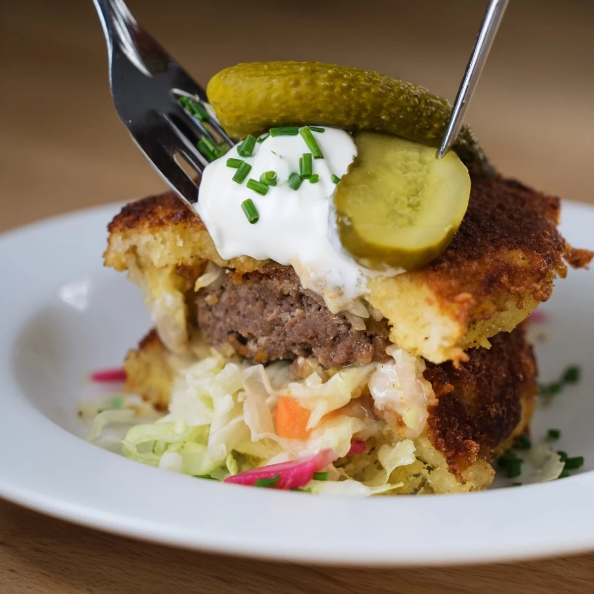 Soczyste Placki Rebel Float Sliders z chrupiącymi plackami ziemniaczanymi i piklami.