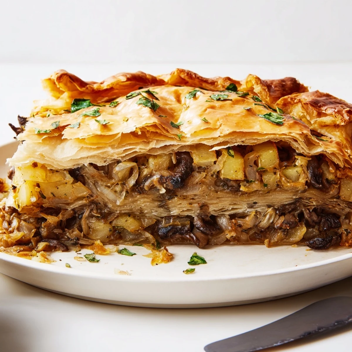 Kruszona galette z białą kapustą, cebulą i serem, pieczona na złoto.