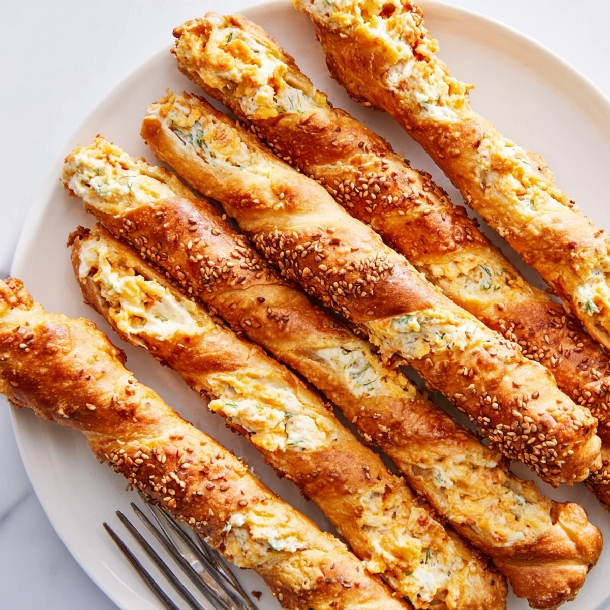 Kruche obwarzanki z kremowym dipem z smażonych ogórków, idealne na przekąskę.  