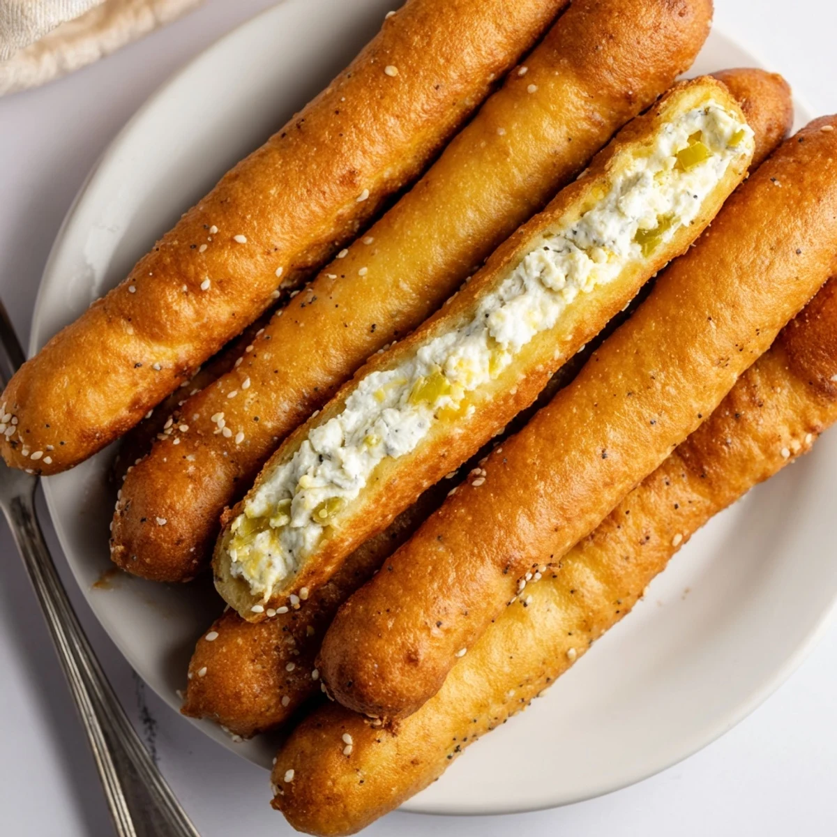 Rączki obwarzankowe wypełnione tangowym dipem z ogórków, doskonałe na imprezy.  