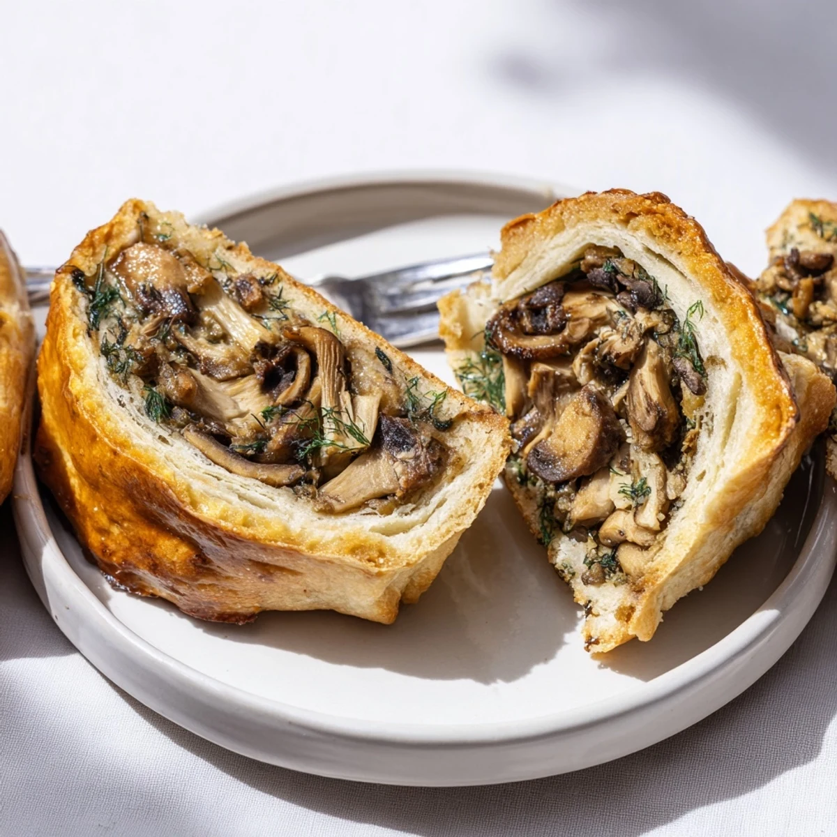 Pyszne plastry pirożków leśnych, wypełnione dzikimi grzybami i świeżymi ziołami.