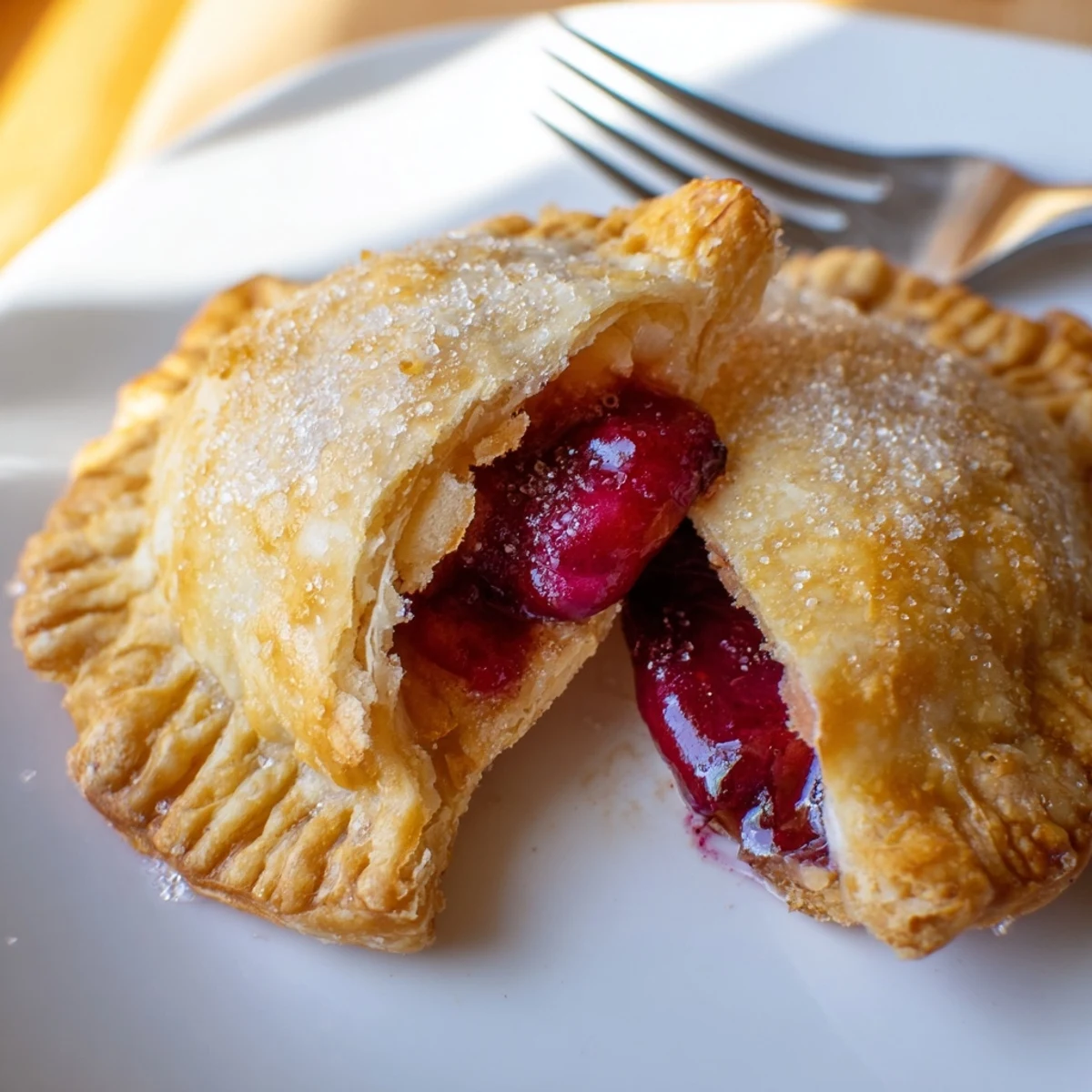 Cieplutkie empanady z musem śliwkowym, oblane cukrem, serwowane z lodami waniliowymi.