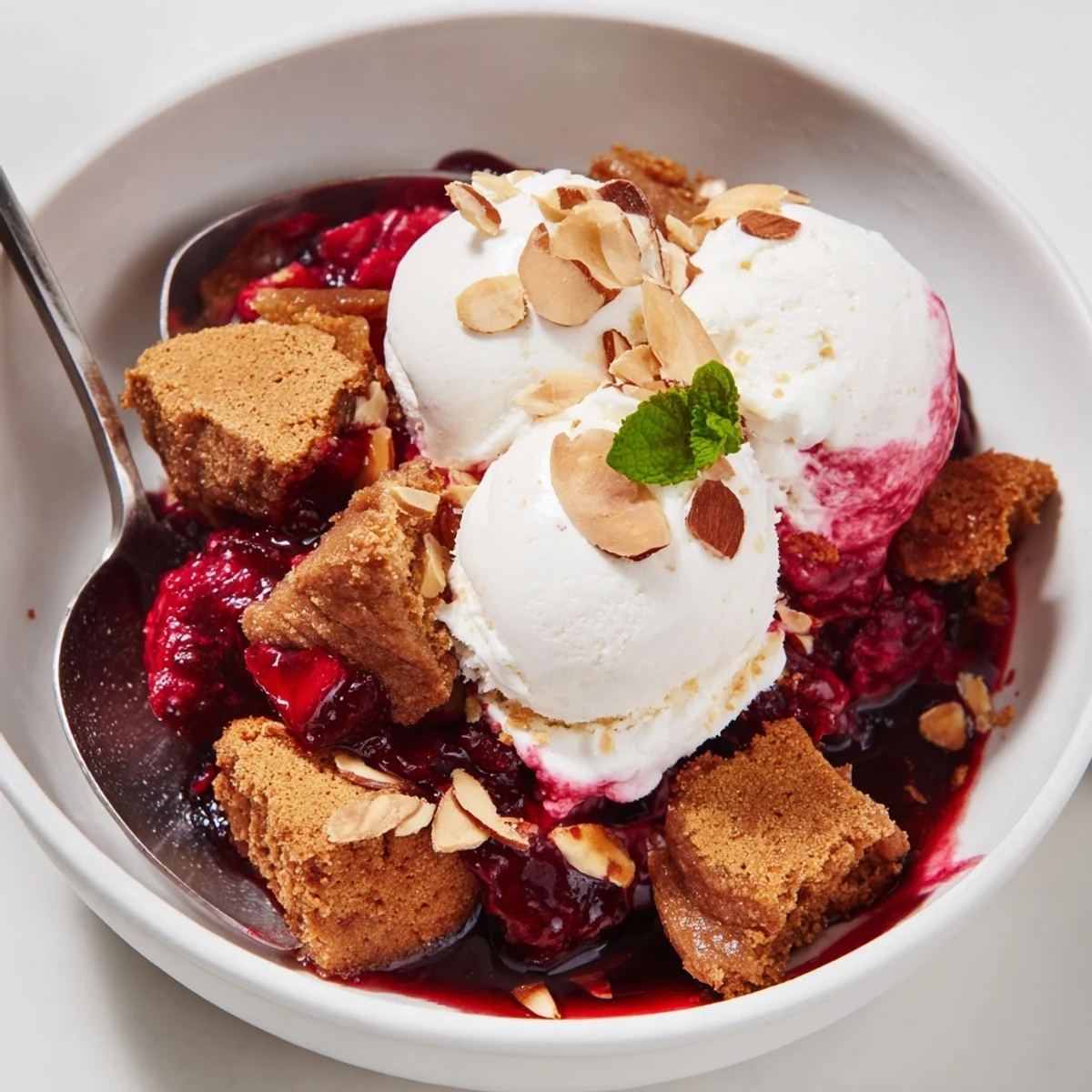 Kremowy sundae z piernikiem i owocowym kompotem na zimowy deser.  