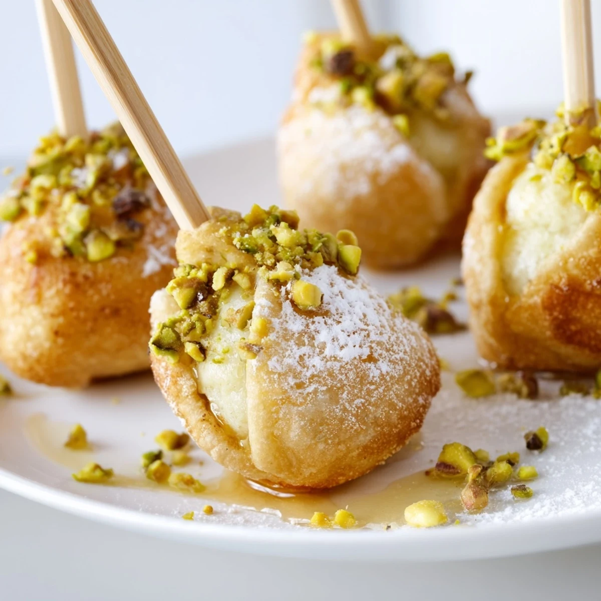 Kuleczki pierogów pistacjowych w kremowym nadzieniu, idealne na deserowe stoły.  